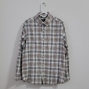 Orvis Men's Plaid Shirt - Green, White, and Brown Size M